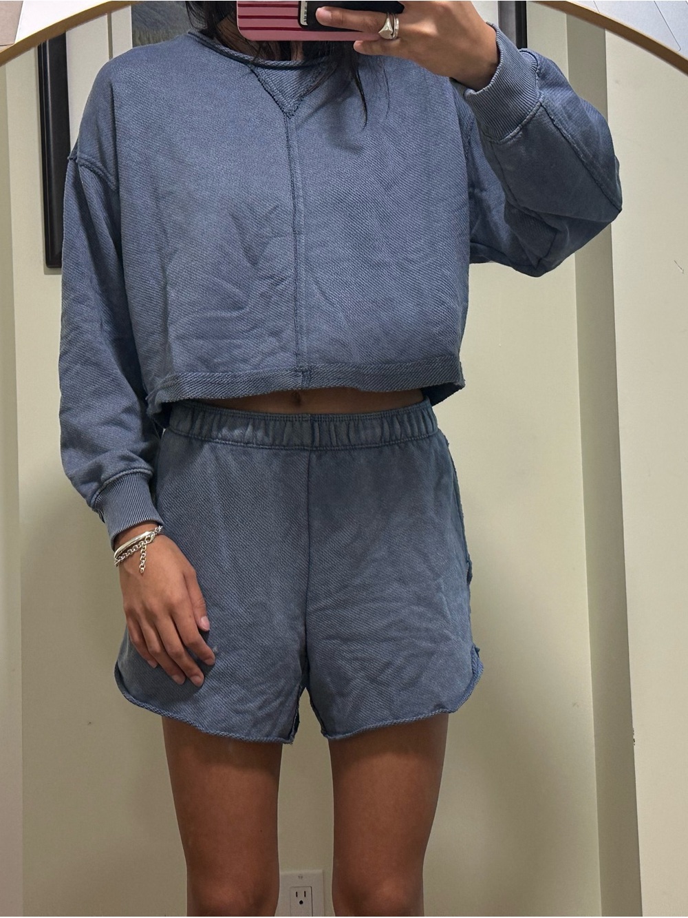 Women's Dusty Blue Casual Elastic-Waist Shorts and sweater set